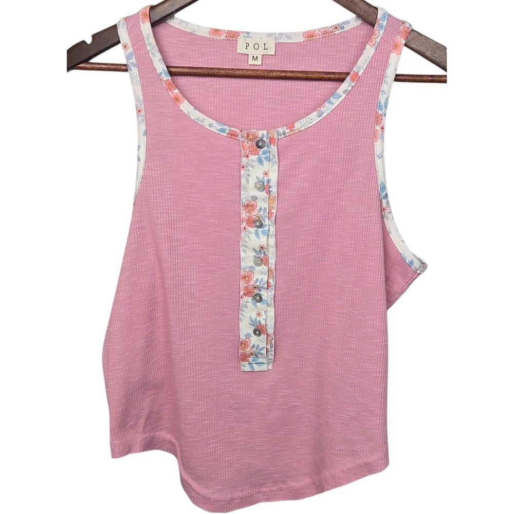 POL Pink Ribbed Floral Trim Button Boho Racerback Tank Top Womens M‎
